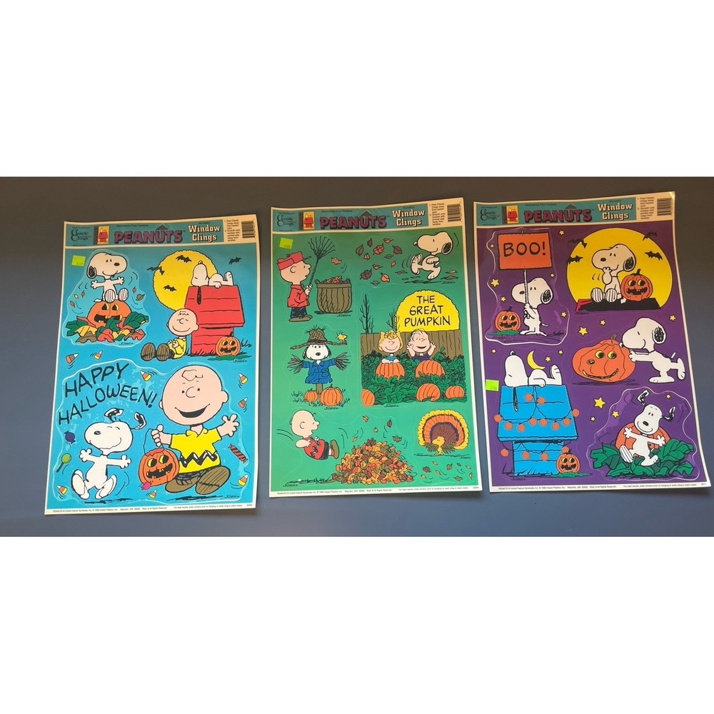 Vintage Peanuts Snoopy Halloween Fall Window Large Classic‎ Clings Lot of 3 READ